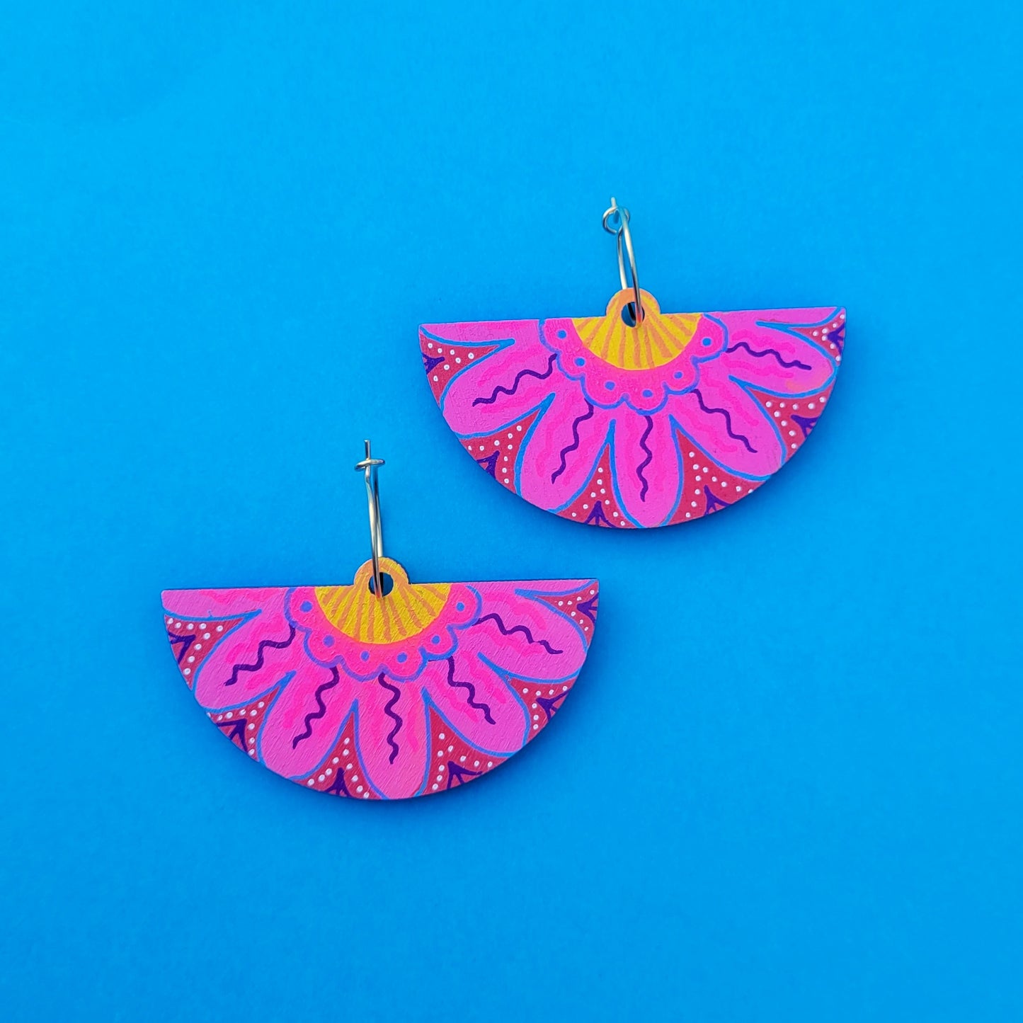 Pink flower folk earrings