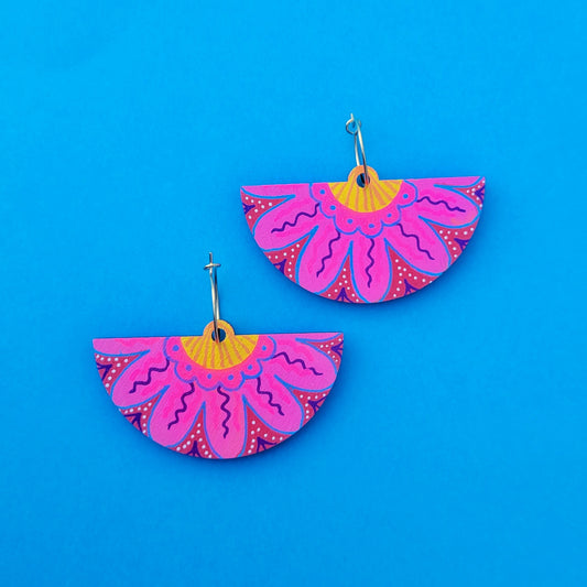 Pink flower folk earrings