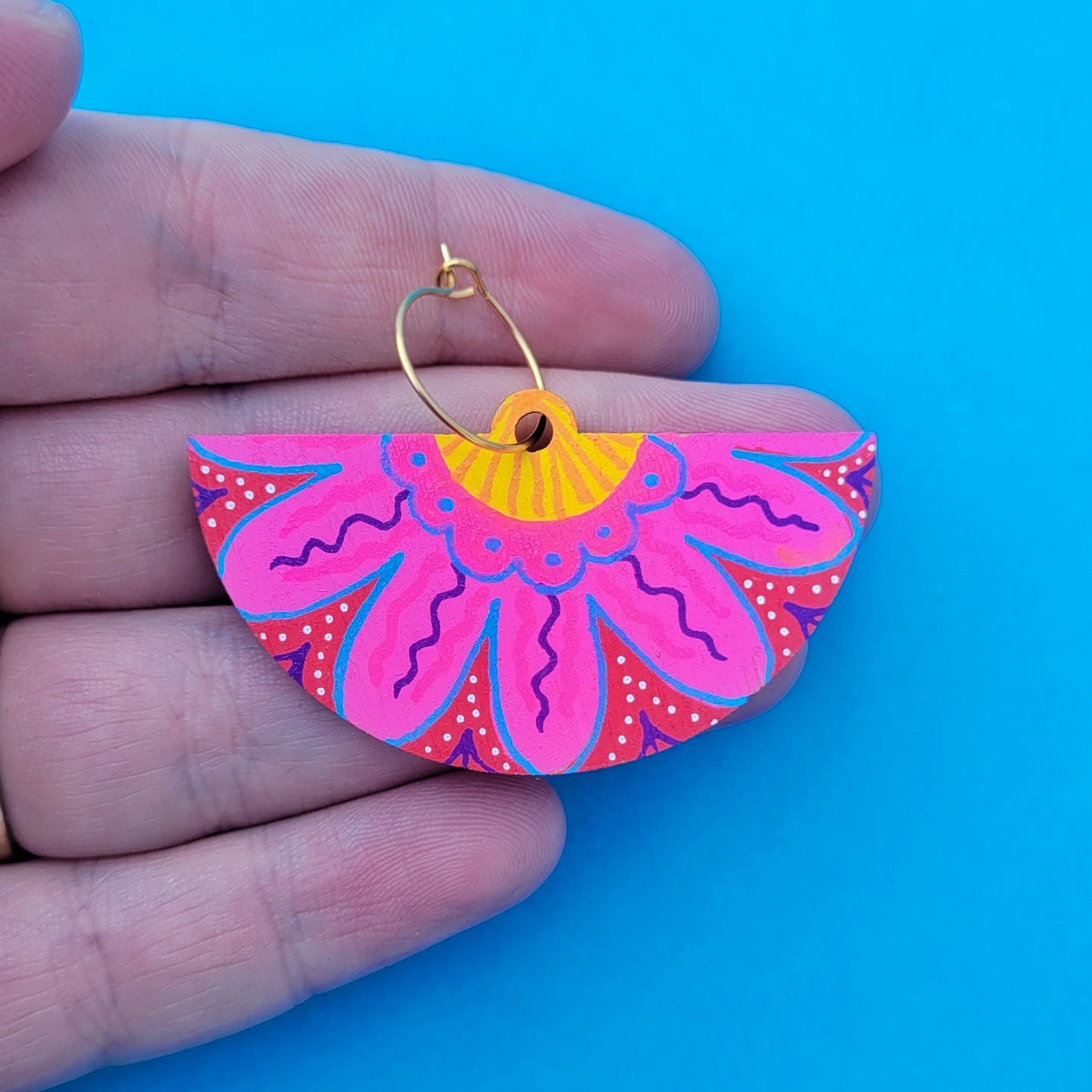 Pink flower folk earrings