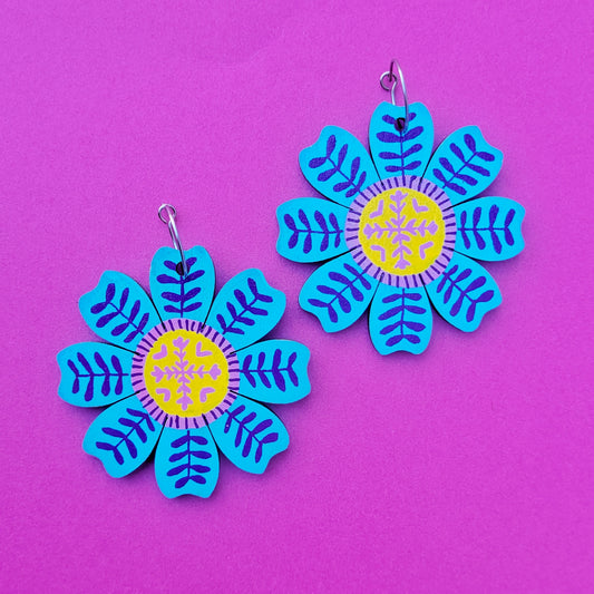 Big blue folk flower earrings