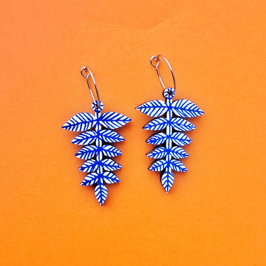 Blue and white leafy earrings